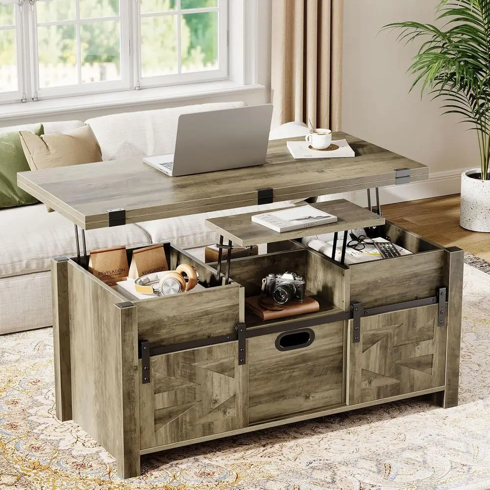 طاولة قهوة قابلة للتحويل 4 في 1 باللون الرمادي مع باب الحظيرة المنزلقة وأدراج تخزين ومقصورات مخفية #2