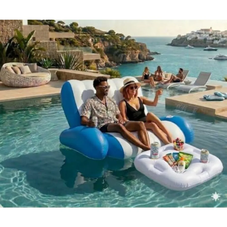 

Надувной шезлонг-плот для двоих взрослых с держателями для еды и напитков - прочный двухместный шезлонг синего цвета для озера и пляжа