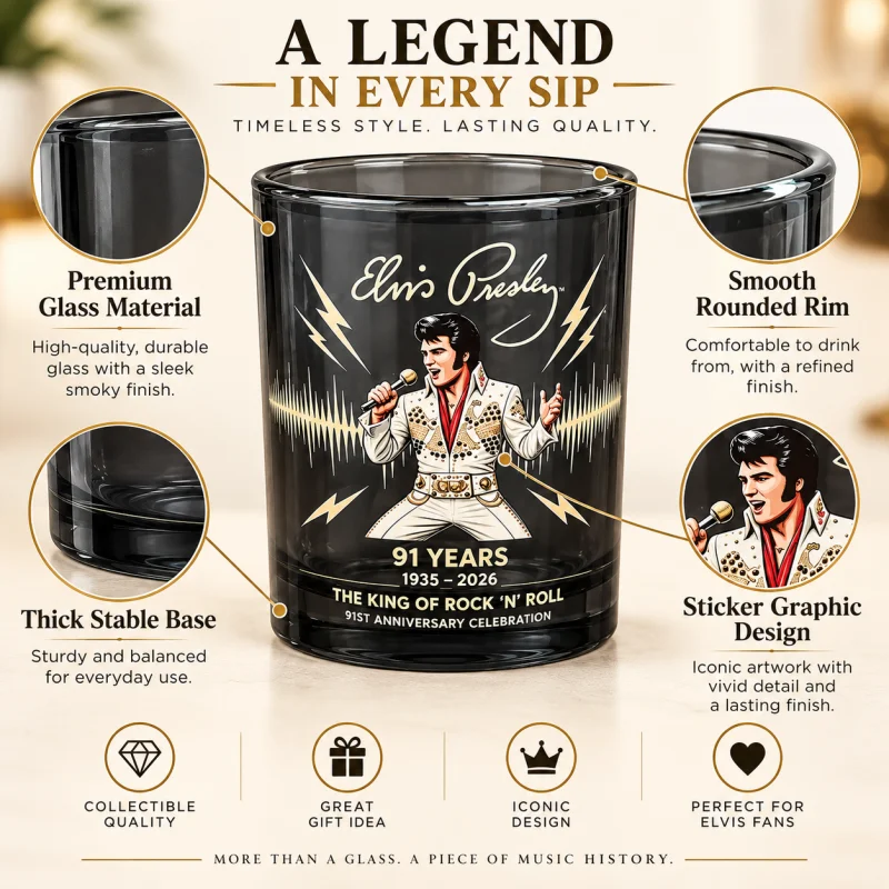 Elvis Presley 91st Anniversary Whiskey Glass 1935-2026 Rock and Roll King Commemorative Tumbler Collector Gift