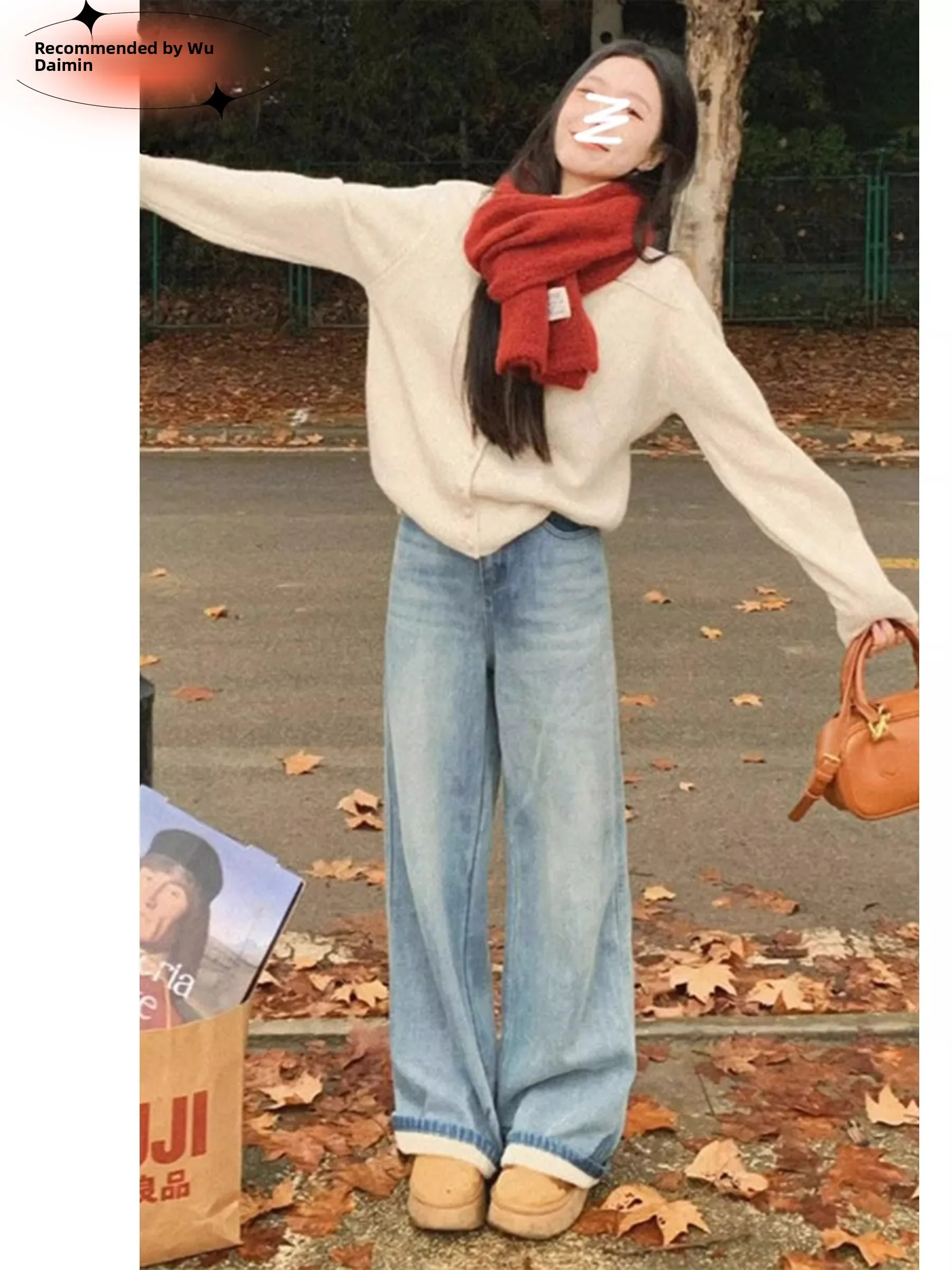 

Light Wash Fleece Lined Straight Leg Jeans Women's Autumn Winter High Waist Wide Leg Pants Casual Thick Denim Zipper Pocket