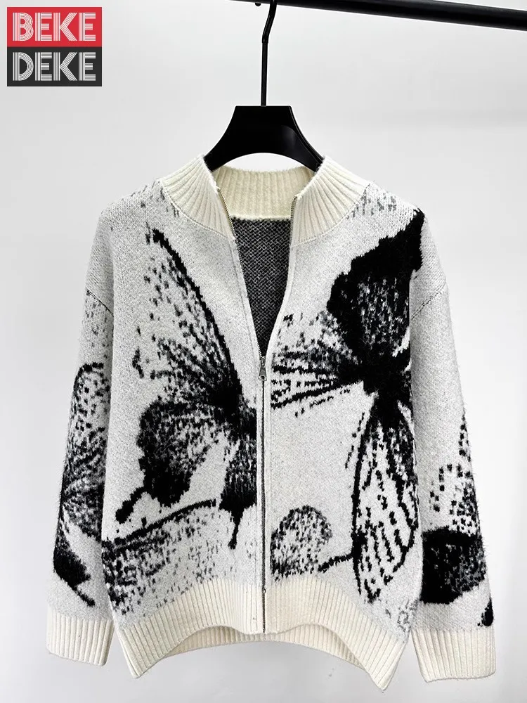 

Autumn Winter Mens Fashion Butterfly Jacquard Sweater Coat Stand Collar Zip Knitted Jacket Casual Streetwear Loose Fit Cardigan