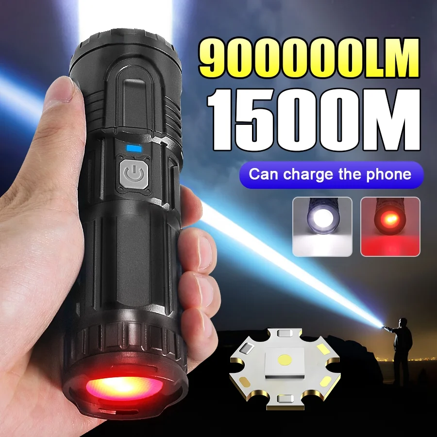 

Portable LED Flashlight 90000LM Rechargeable Lighting Super Bright Torch Zoom Shot Long Built-in Battery Flashlight For Camping