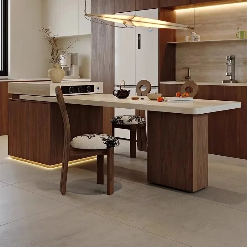 Modern Eco‑Friendly Wood 6‑Seater Extendable Travertine Dining Table, Multifunctional Island Table with Induction Cooker