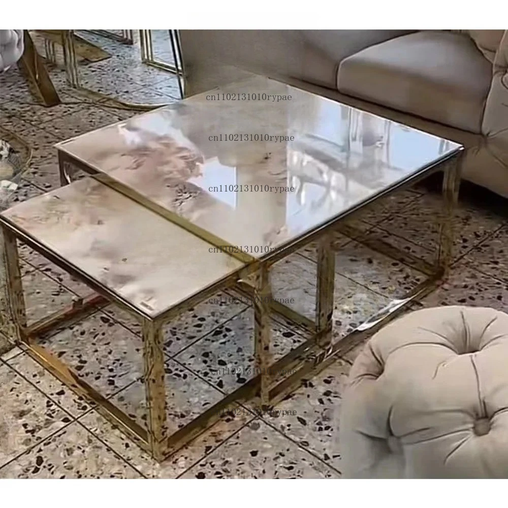 Living room furniture space saving center table 2 pieces silver coffee table set mirror smart square glass coffee table