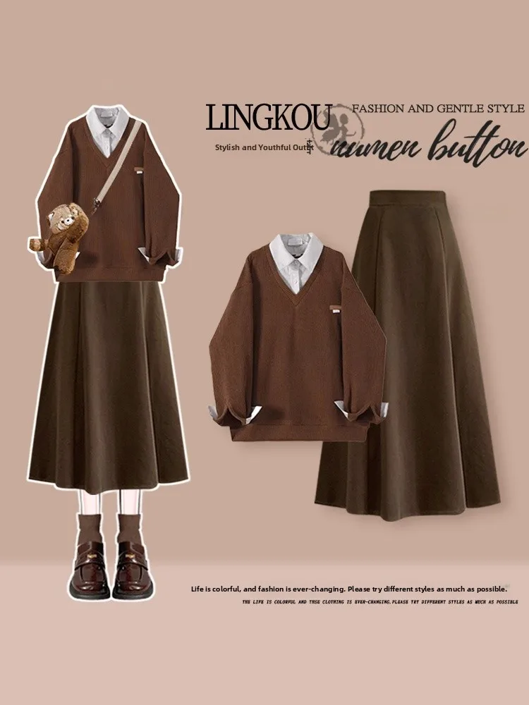 

plus Size Autumn Korean Sle Set Women's Anti-Aging Slimming Top And f Skirt Two-Piece Set Faionable And Lazy Sle