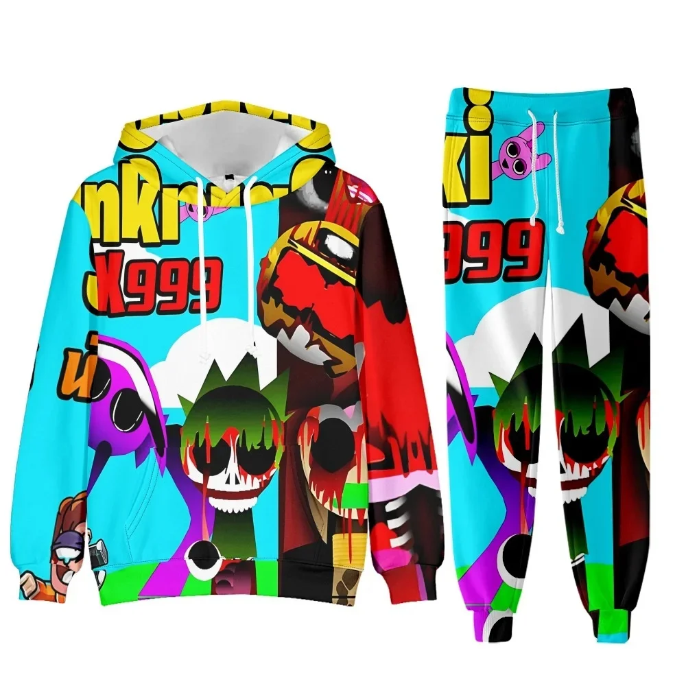 3D Sprunki Hoodie Incredibox Wenda Sweatshirt Funny Cartoon Game Figure Graphic Plush Clothes Pants 2-piece Set Costume For Kids