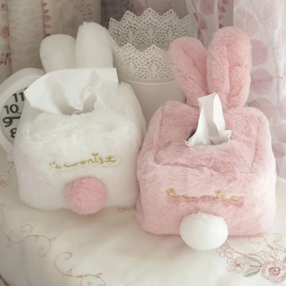 1pc Tissue Cover Cute Pink Plush Rabbit Tissues Storage Box Home Decoration Toilet Paper Holder Napkin Case