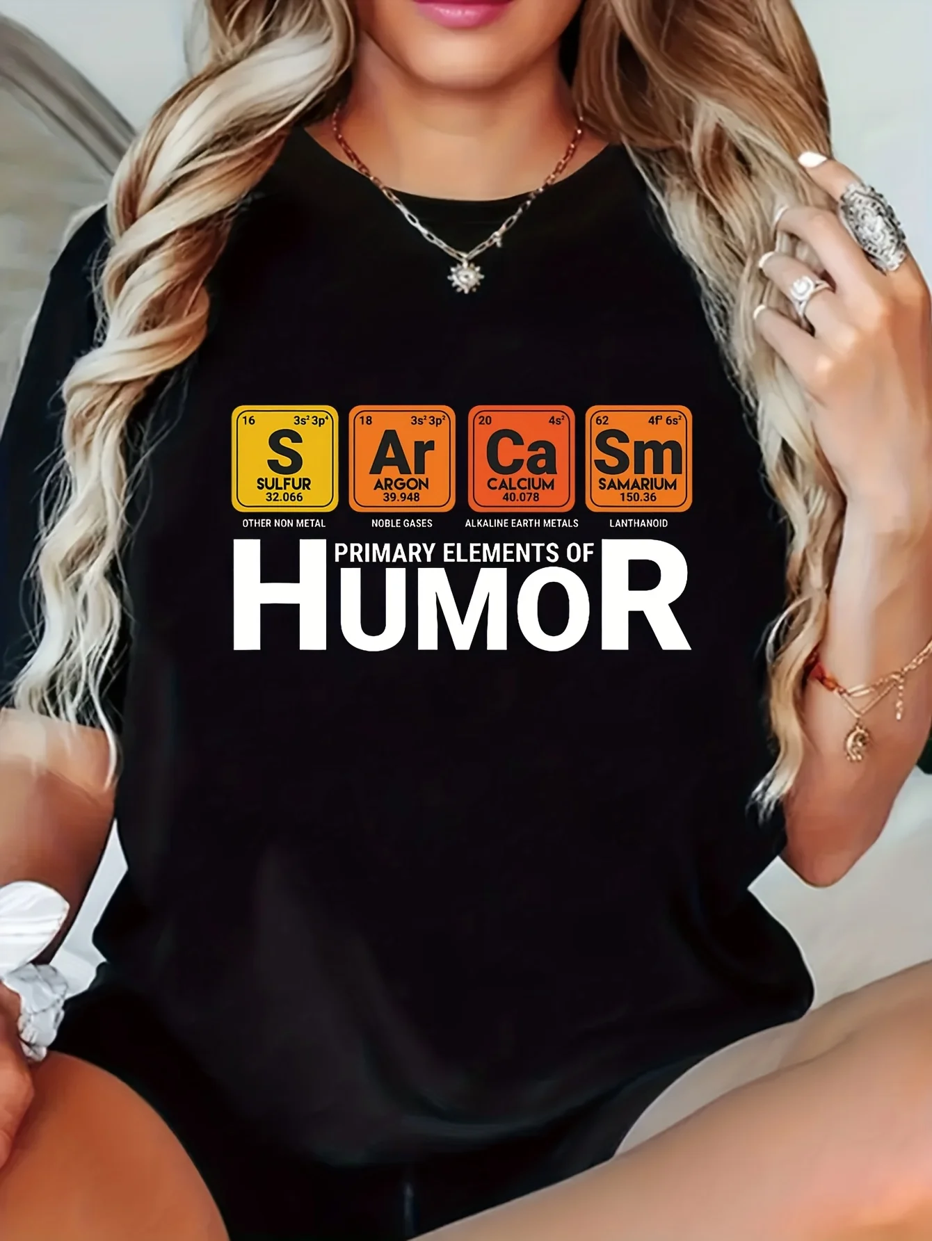 

Casual Attire Women's Humorous Periodic Table Graphic Sarcastic Chemistry Elements White Casual Short Sleeve Round Regular
