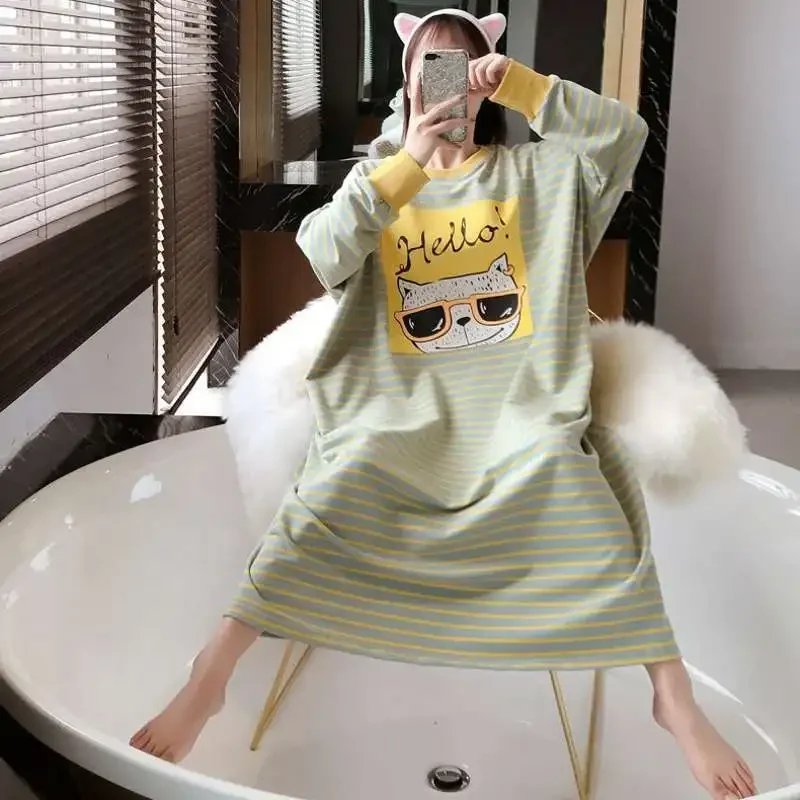2026 Women Sleepwear Spring Summer Plus Size Night Dress for Lady Cute Long Sleeve Loose Embroidery Cartoon Sleepshirts Pajamas