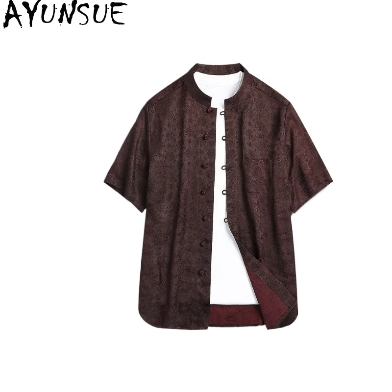 

AYUNSUE 100% Real Mulberry Silk Shirts for Man High Quality Watered Gauze Jacquard Short Men Clothing Short Sleeve Shirts Tops