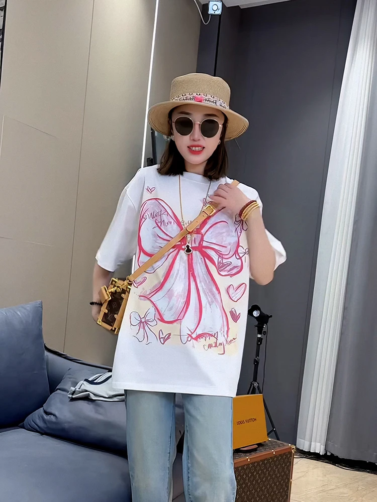 High Quality Pure Cotton Summer Tops Japanese Anime Bow Knot Printed Personalized T-shirt Sweet Women Girls Oversized Streetwear