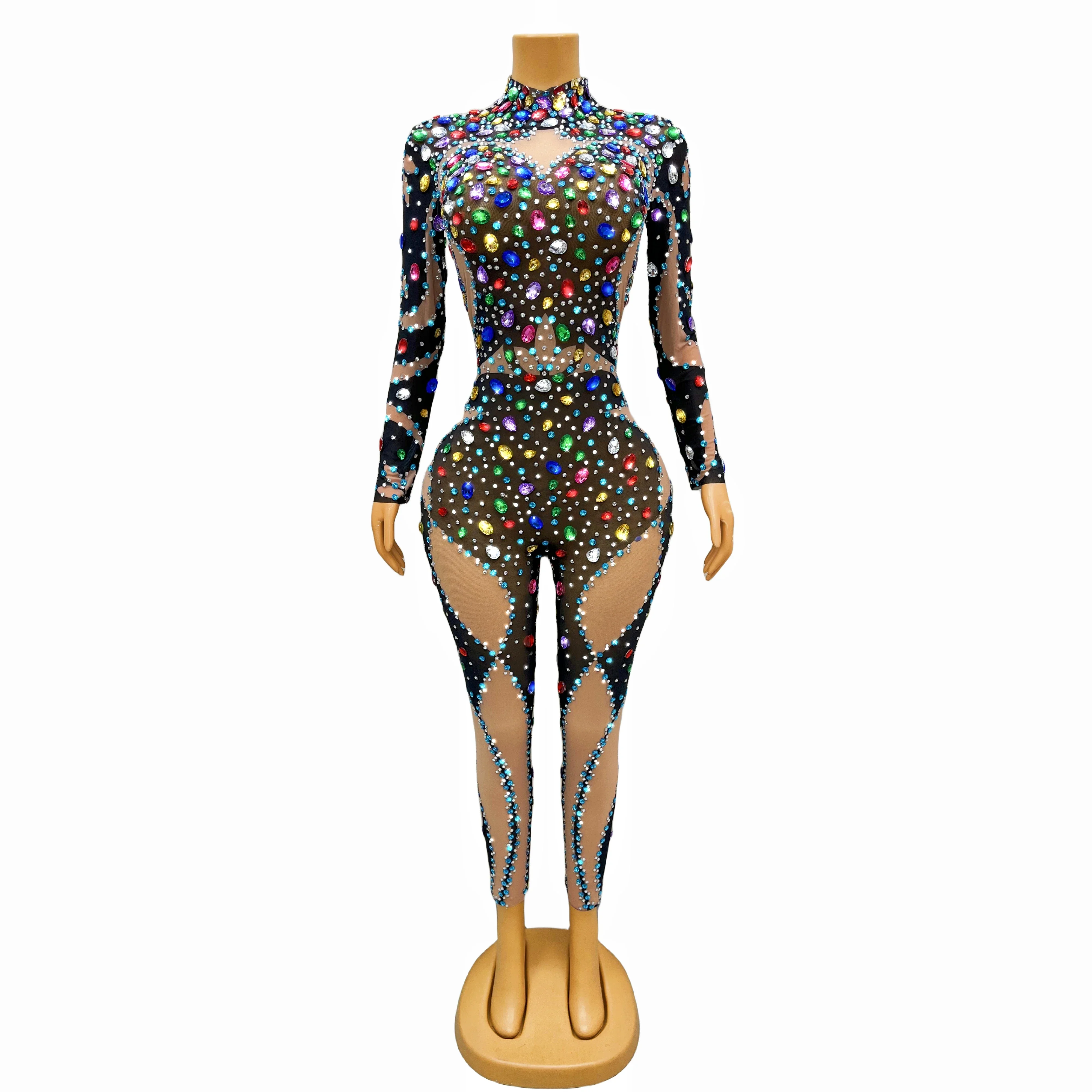 

Evening Celebrate luxurious Colorful Rhinestones Black Jumpsuit Transparent Mesh Sexy Dance Outfit Bodysuit Costume youyu