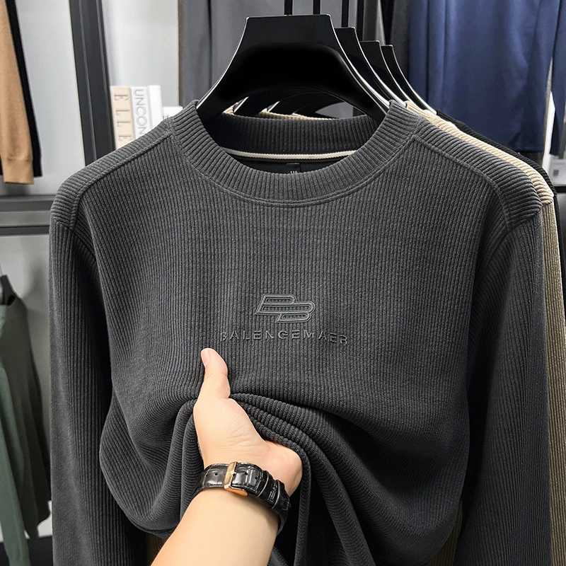 

Corduroy Hoodie Men 2025 New Round Neck Long Sleeved T-shirt Autumn and Winter Thick Men's Casual Top