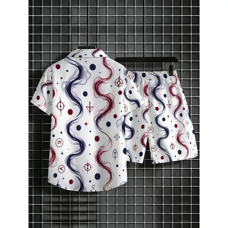 Men's Short Sleeve Shirt and Shorts Set，Lightweight polyester material，White background with red and blue wave design，Very suita - view 4