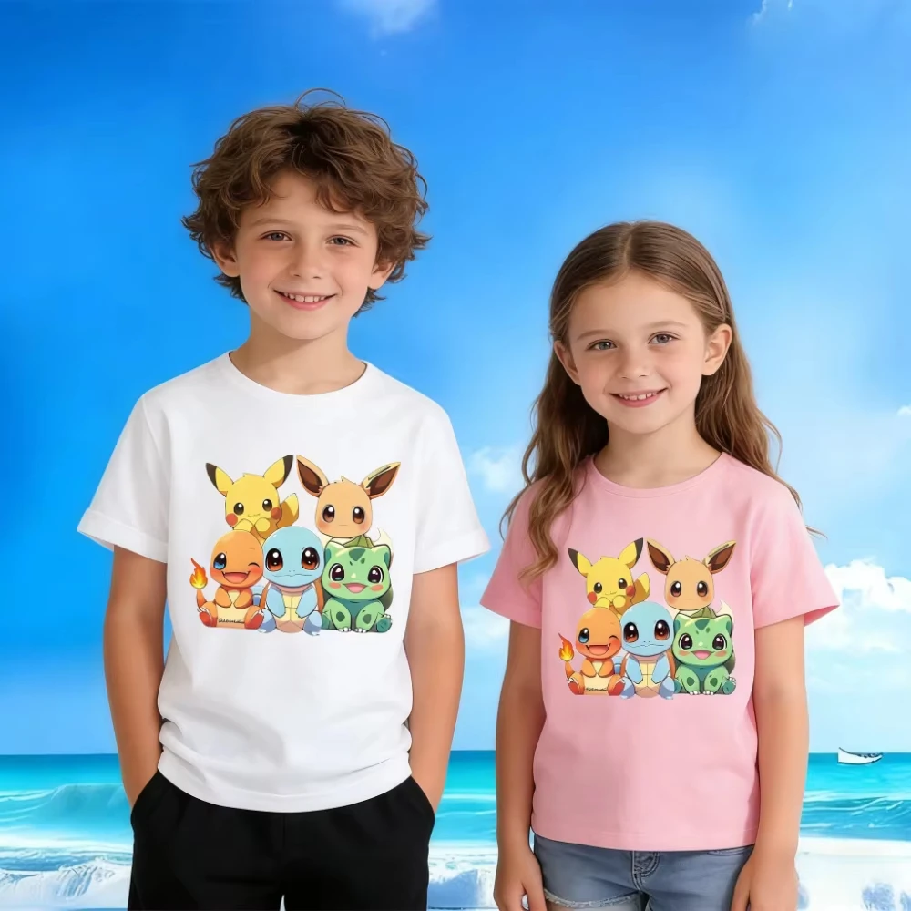2026 New Summer Hot Sale Pokémon Pikachu Cartoon T-shirt for Boys & Girls -Crew Neck Casual Multi-color Parent-child Clothing