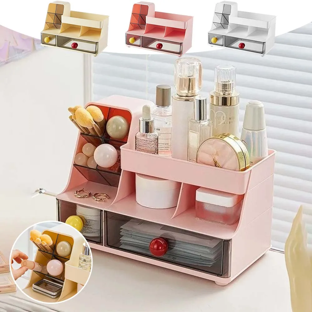 

Пластиковые коробки для хранения туалетного столика с ящиком, держатель для макияжа, экономит место, многослойный косметический органайзер для кистей для ухода за кожей, туалетные принадлежности