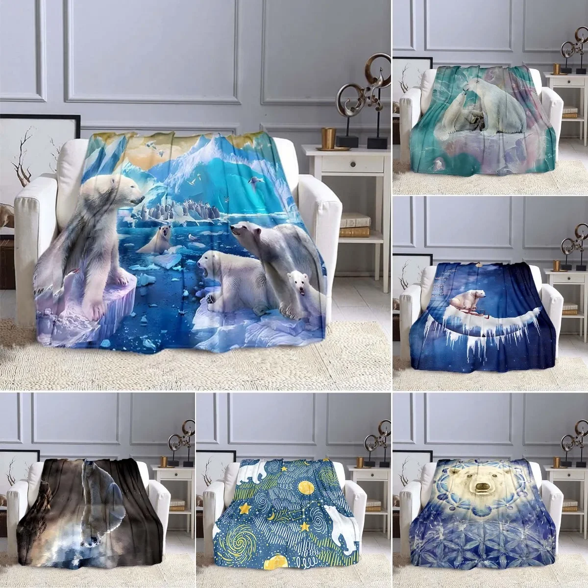 

Cute Cartoon Animal Polar Bear Blanket 3D Printed Animal Pattern Flannel Throw Blankets Home Couch Printed Soft Warm Bedspreads