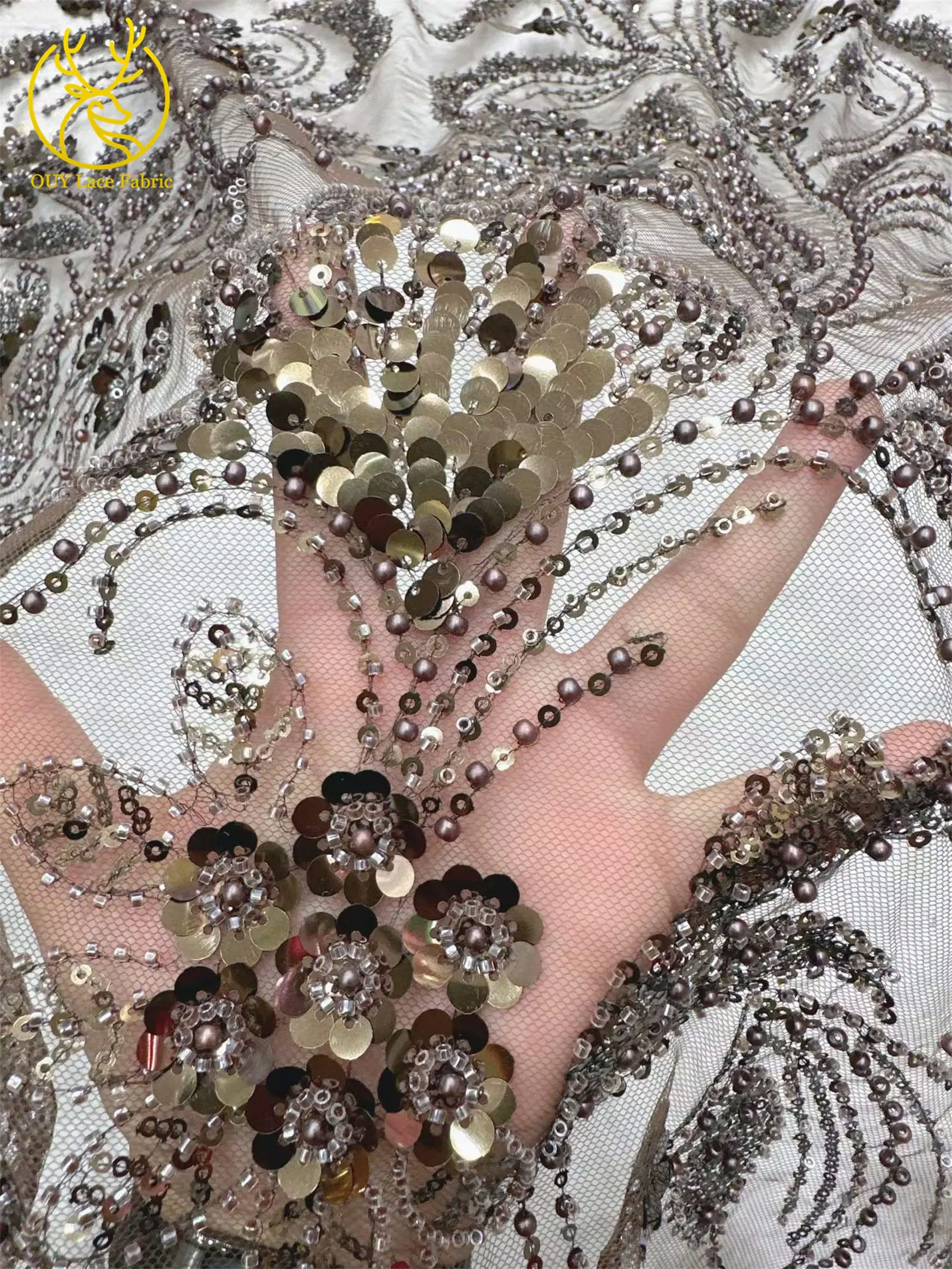 Eleganter 5-Yard-Paillettenstoff mit Kleinen Blumen, Afrikanischer Perlen-Pailletten-Spitzenstoff, Nigerianischer Luxuriöser Pailletten-Netzstoff für Kleider und Näharbeiten – Detail 24