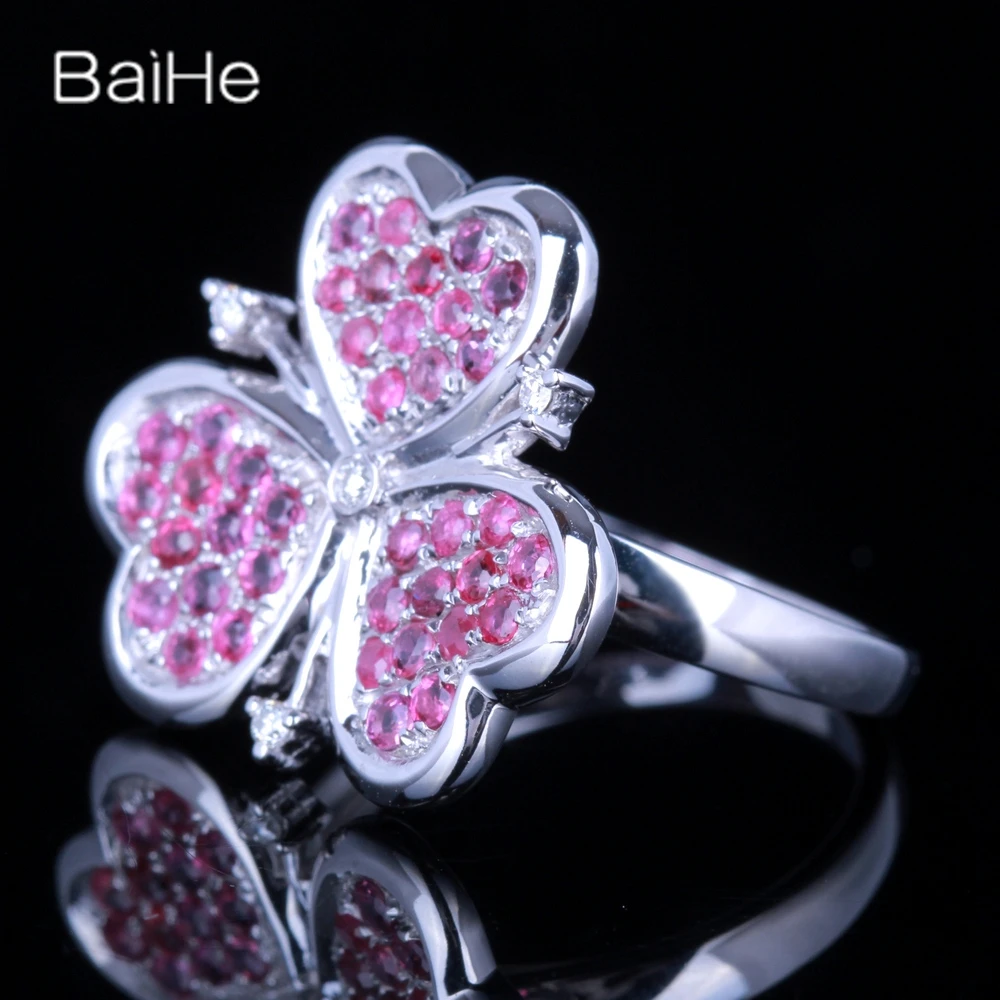 BAIHE Real Genuine Sterling Silver 925 1.1CT Diamond Ruby Clover Ring Women Trendy Party Fine Jewelry Making خاتم البرسيم