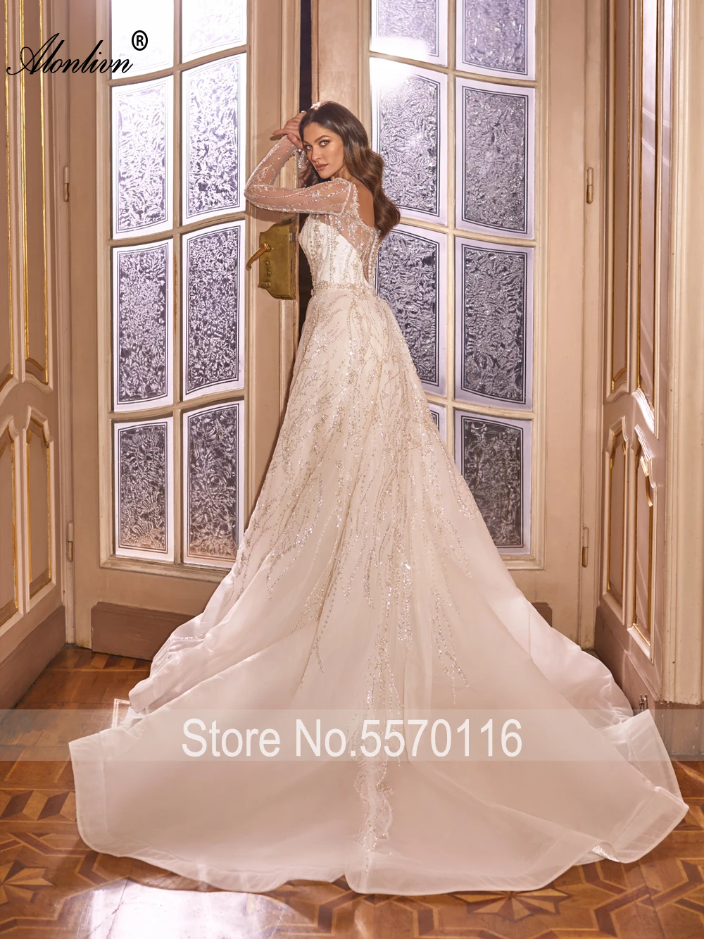 Alonlivn Personalizza Nuovo arrivo 2 in 1 Abito da sposa a sirena con maniche lunghe Bling Ricamo Perline Abiti da sposa Scoop in pizzo