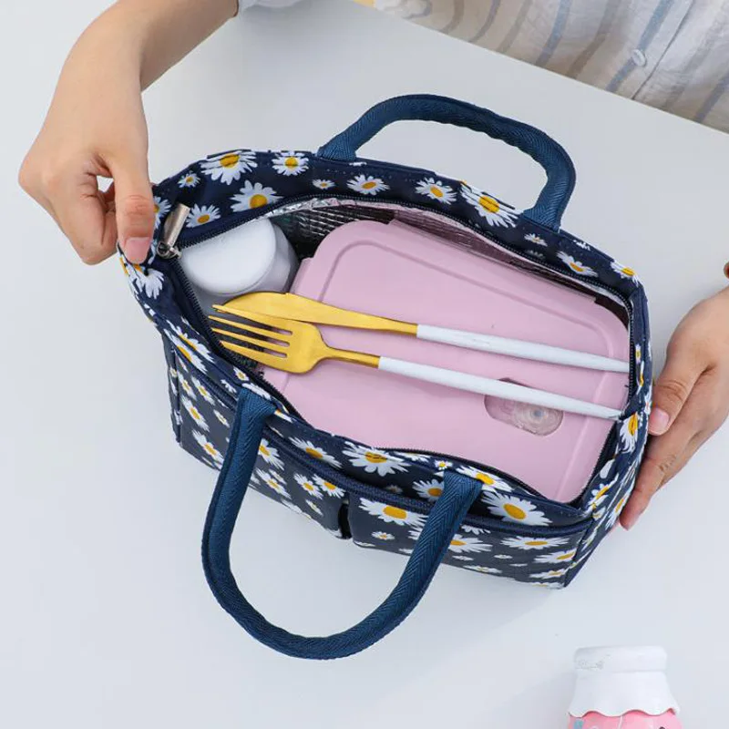 Gänseblümchen bedruckte wärme isolierte Lunch-Tasche tragbares Bento mit wasserdichtem Lebensmittel behälter mit großer Kapazität für die Picknicks chule