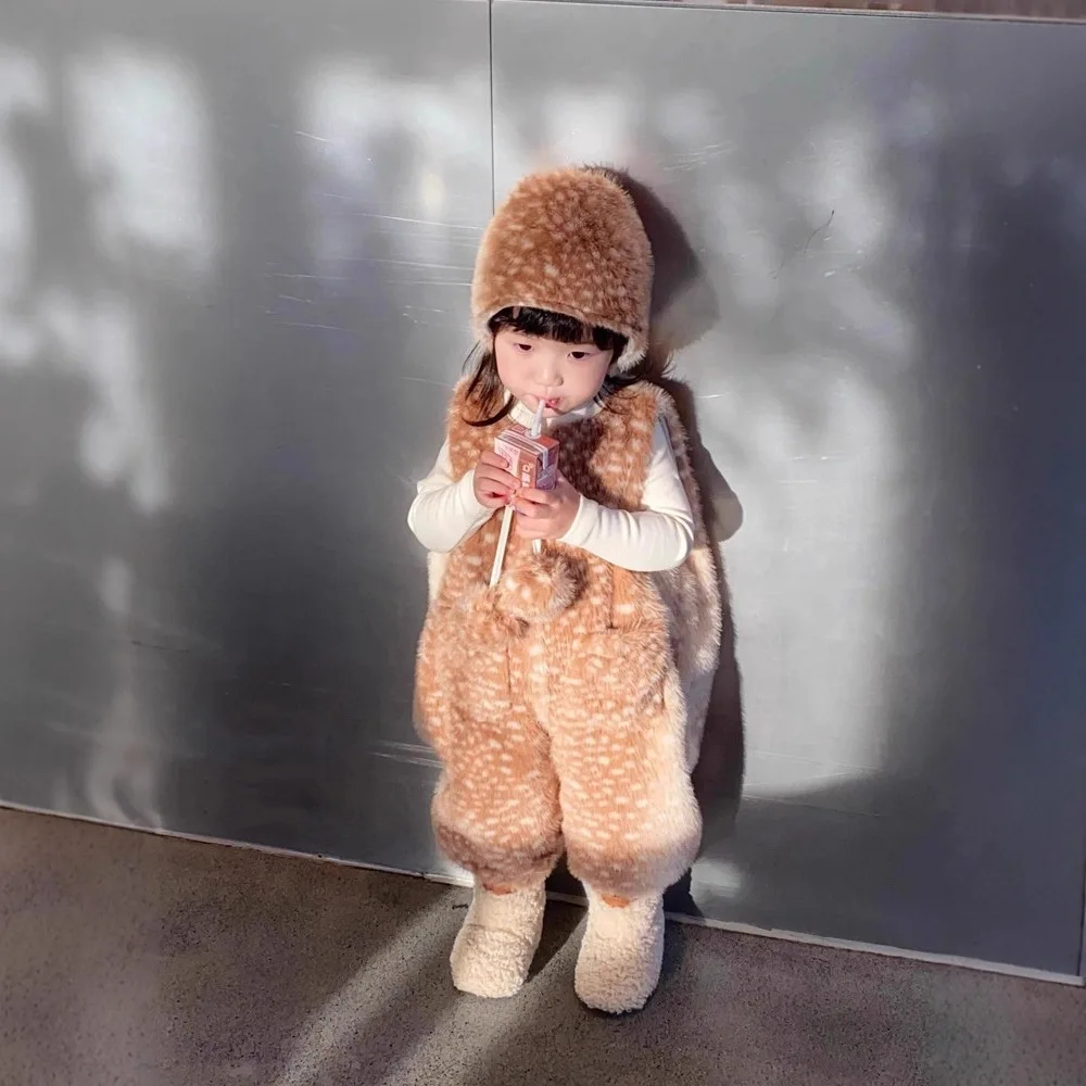 RAISE Winter Children Girls Jumpsuit with Hat Bambi Print Thick Warm Kids Baby Girls One-piece Pant Velvet Toddler Girls Onesies