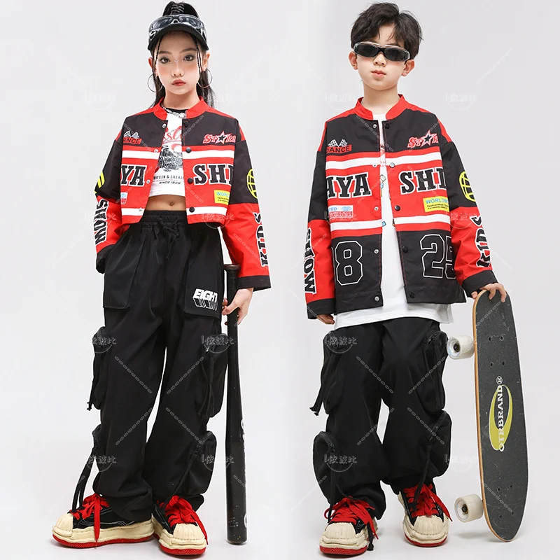 Boys Hip Hop Motorcycle Jacket Cargo Pants Girls Street Dance Contrast Crop Coat Kids Jazz Clothes Sets Children Cool Streetwear