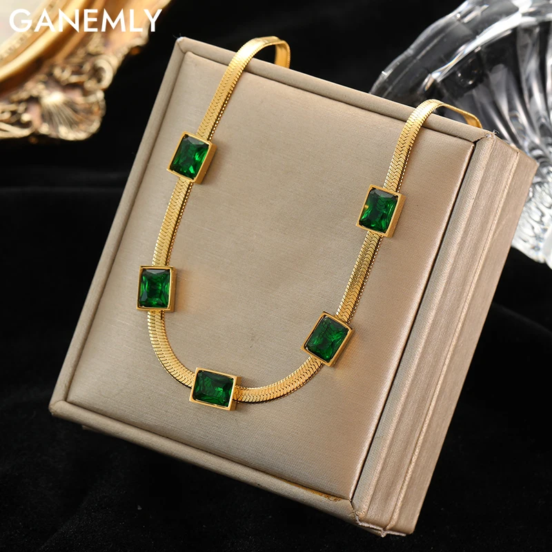 GANEMLY 316L Stainless Steel Square Green Stone Chain Necklace For Women Fashion Neck Chain Waterproof Jewelry Gift Collar