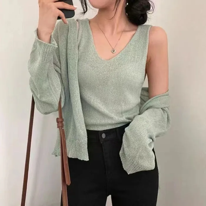 Chic Early Spring Knitted Two-Piece Set Casual Versatile Long Sleeve Sun Protection Open Cardigan Vest Knitwear Women