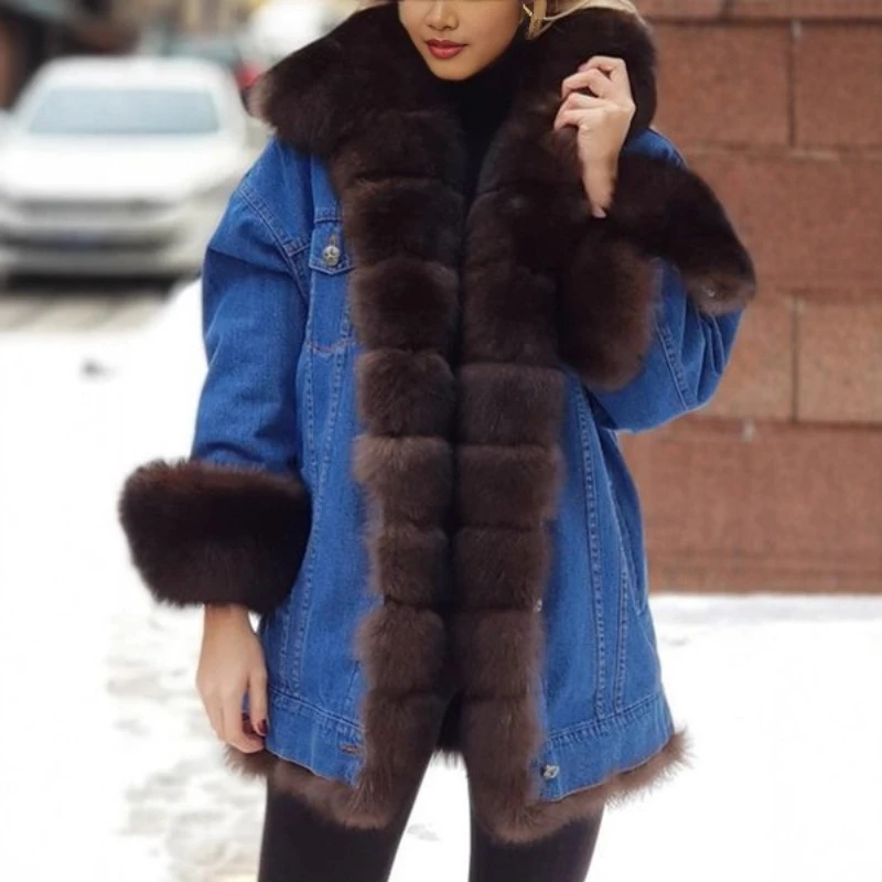 2025 Winter New Design Simple Faux Fur One-piece Splicing Denim Long Sleeved Jacket for Women