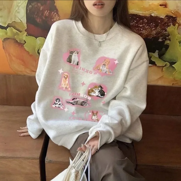 Sweet Cartoon Cat  Sweatshirt Mujer Autumn/winter O-neck Thicked Warm Sweatshirts Y2k Grunge Long Sleeve Loose Tops Women