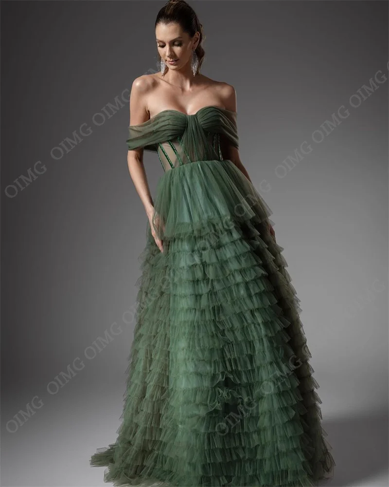 OIMG Luxury Green Beading Sequined Prom Dresses Off the Shoulder Short Sleeves Saudi Arabic A-Line Evening Gowns Formal Dress