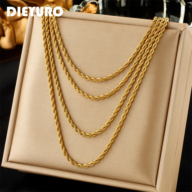 

DIEYURO 316L Stainless Steel Gold Color Multilayer Necklace For Women Girl New Trend 4in1 Chains Jewelry Gift Party Bijoux