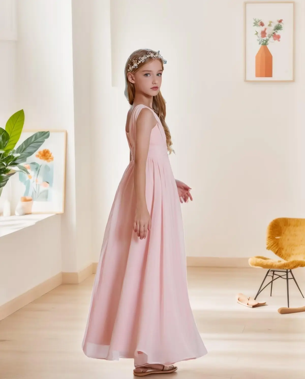 Vestidos de niña de flores de gasa Vestido largo fluido sin mangas formal de una línea para vestido de dama de honor junior de boda para niños