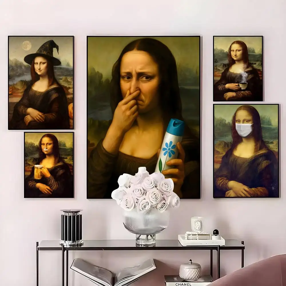 1 قطعة محاكاة ساخرة M-الموناليزا اللوحة الخط فرملس قماش ملصق جدار الفن مثالية للمدخل ديكور المنزل هدايا العيد