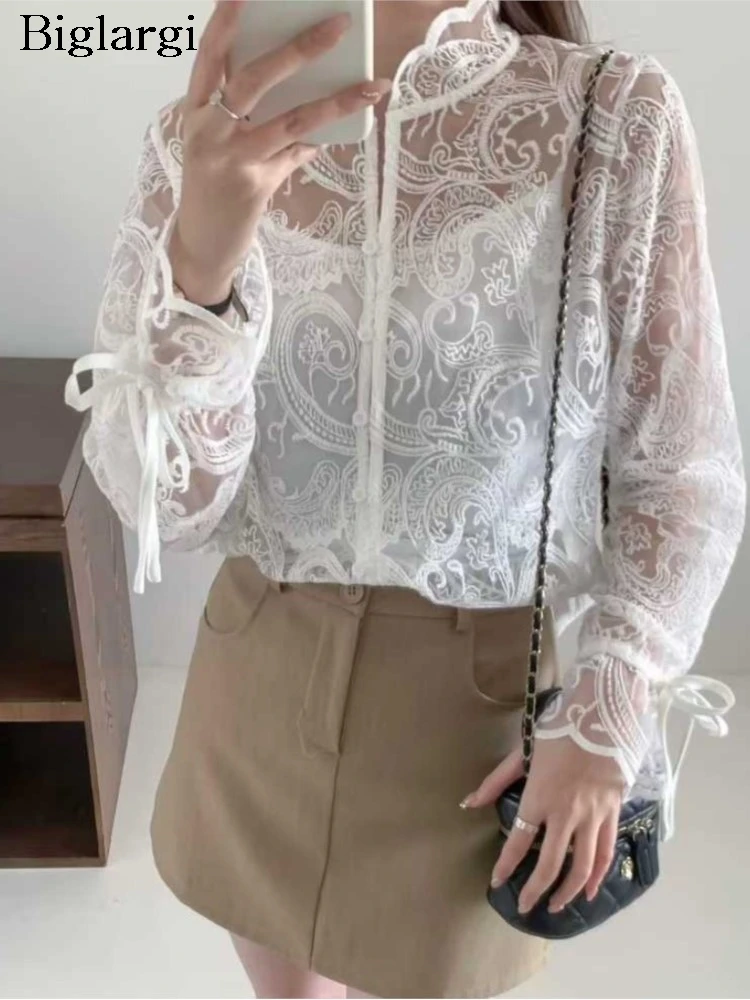 

Spring Summer New Fashion Lace Embroidery Shirt Women Elegant Long Sleeve Ladies Shirts Korean Style Blouses Woman 2026