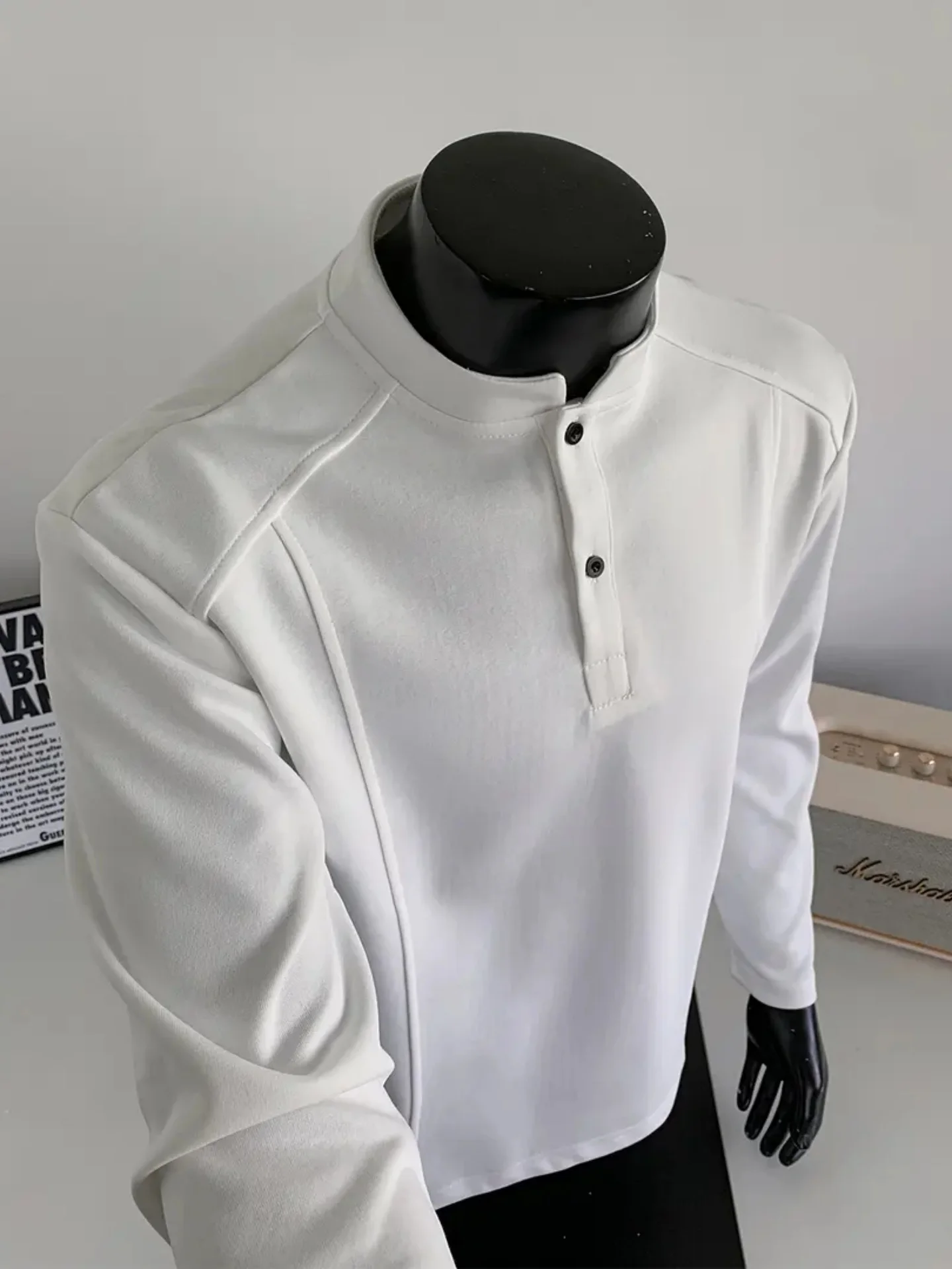 

American Deconstructed Half High Collar Long Sleeve Men's T-shirt Spring Trendy Brand Henry Collar Heavy Sweatshirt Inner Wea...