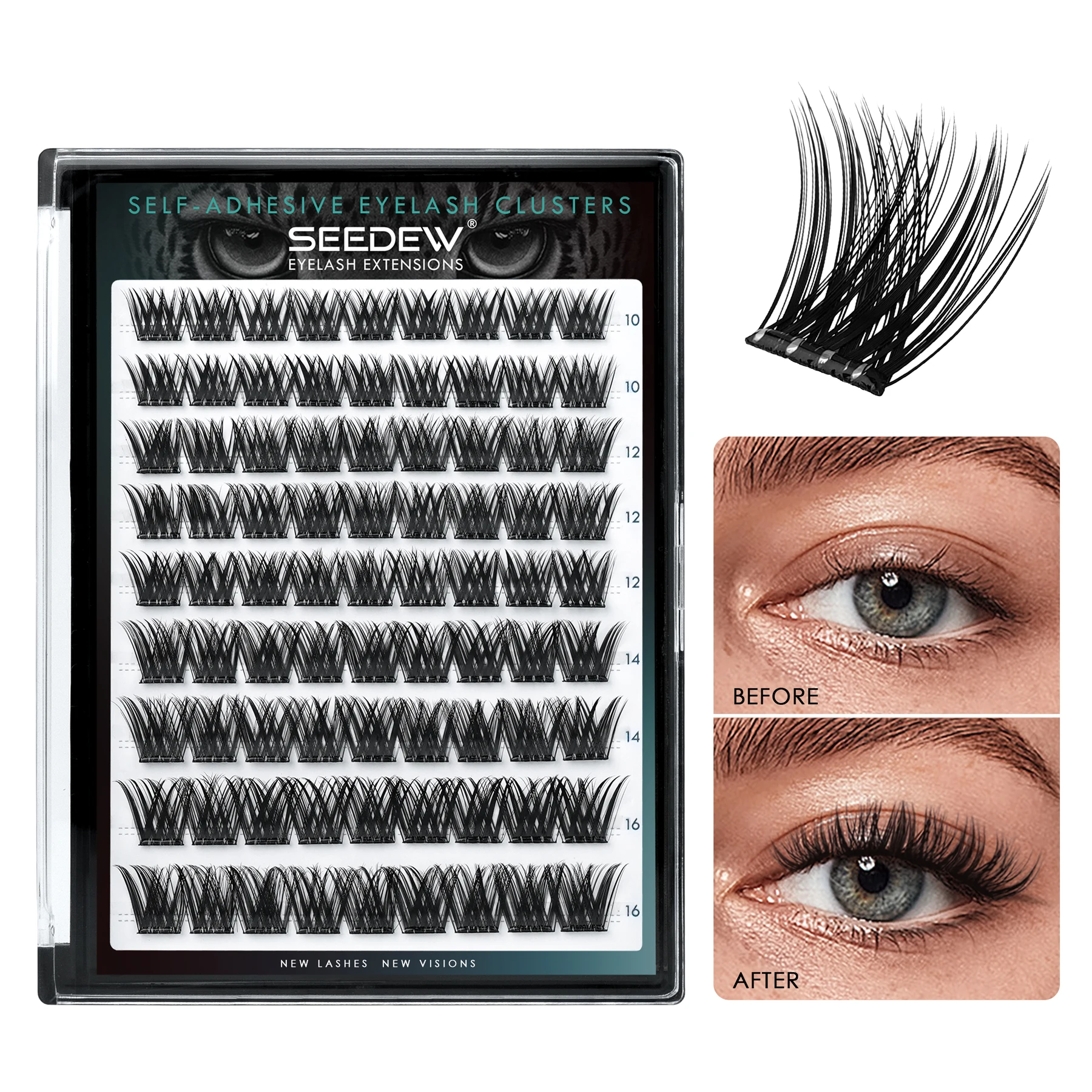 SEEDEW Selbstklebende Wimpern, große Packung, Cluster-Wimpern, schweißfest, dünner Stiel, DIY-Wimpernverlängerung für Zuhause, kein Kleber erforderlich