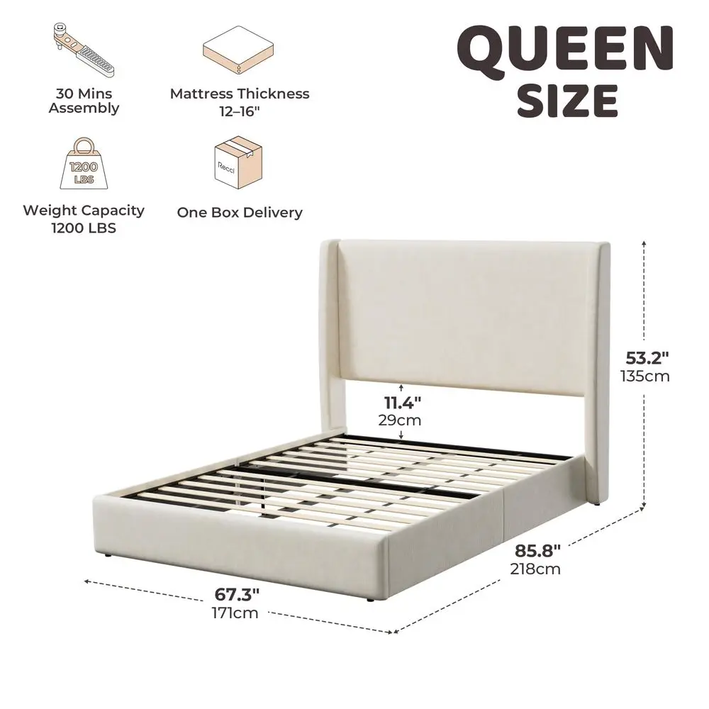 Queen Bed Frame with 53 Extra Tall Wingback Headboard, Low Profile Grounded Upholstered Platform Bed Frame, SqueakFree, Easy As