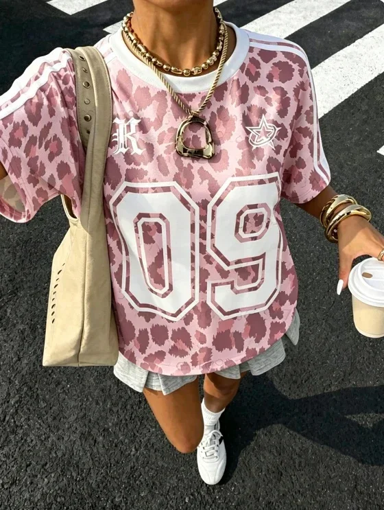 Women Leopard Print Jersey T Shirt Oversized 09 Number Graphic Short Sleeve Tee Y2K Streetwear Top