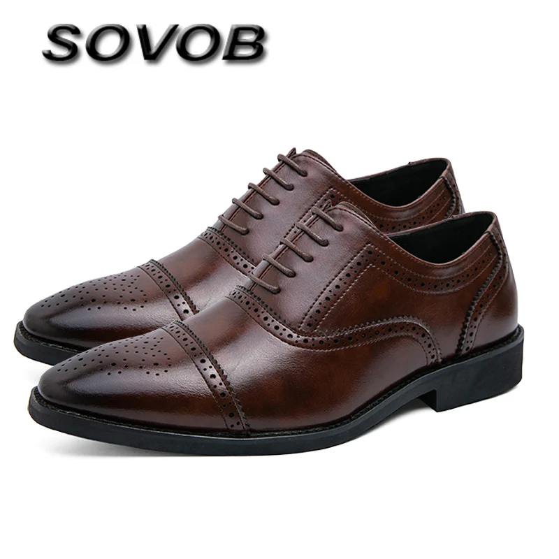 

British Style Brown Brogue Shoes For Men Big Size 38-48 Comfy Non-Slip Men's Dress Shoes Lace-Up Flat Man Business Leather Shoes