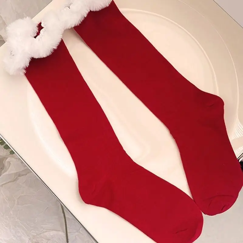 

L38E женские рождественские новогодние хлопковые красные гольфы с отделкой из искусственного меха и перьями в стиле пэчворк,