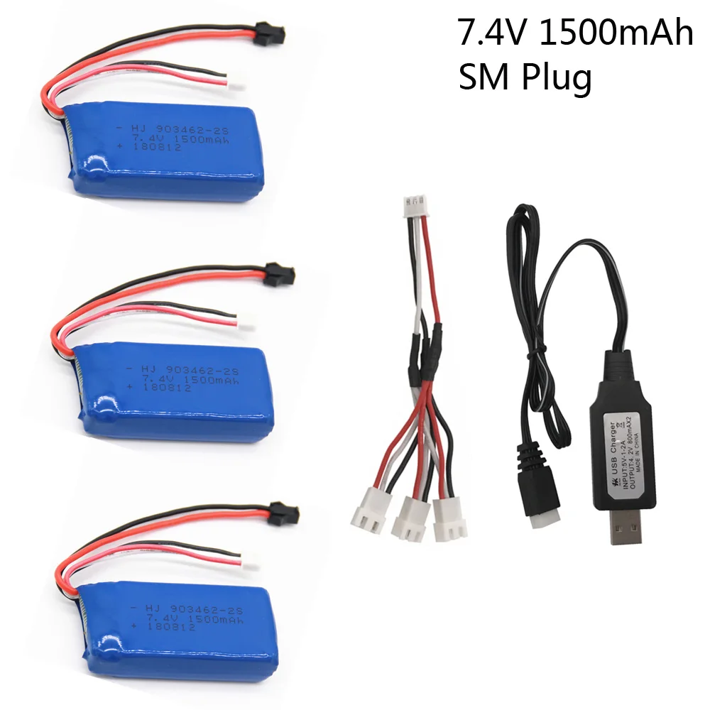 Batteria 1/3 pezzi 7,4 V 1500 mAh 903462   Con caricatore USB per FT009 RC Boat 12428 batteria Lipo 2S 7.4 V 1500 mah JST SM T EL-2P SPINA