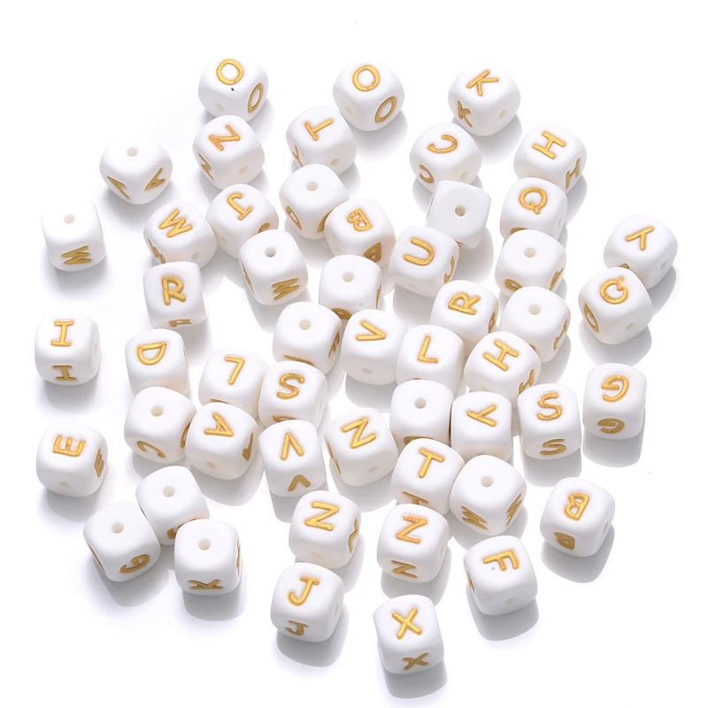 12mm 26Pcs Silicone Letter Beads White+ Gold Alphabet Silicone Chewing Bead for Pacifier Clip Chain Not Choose Letter