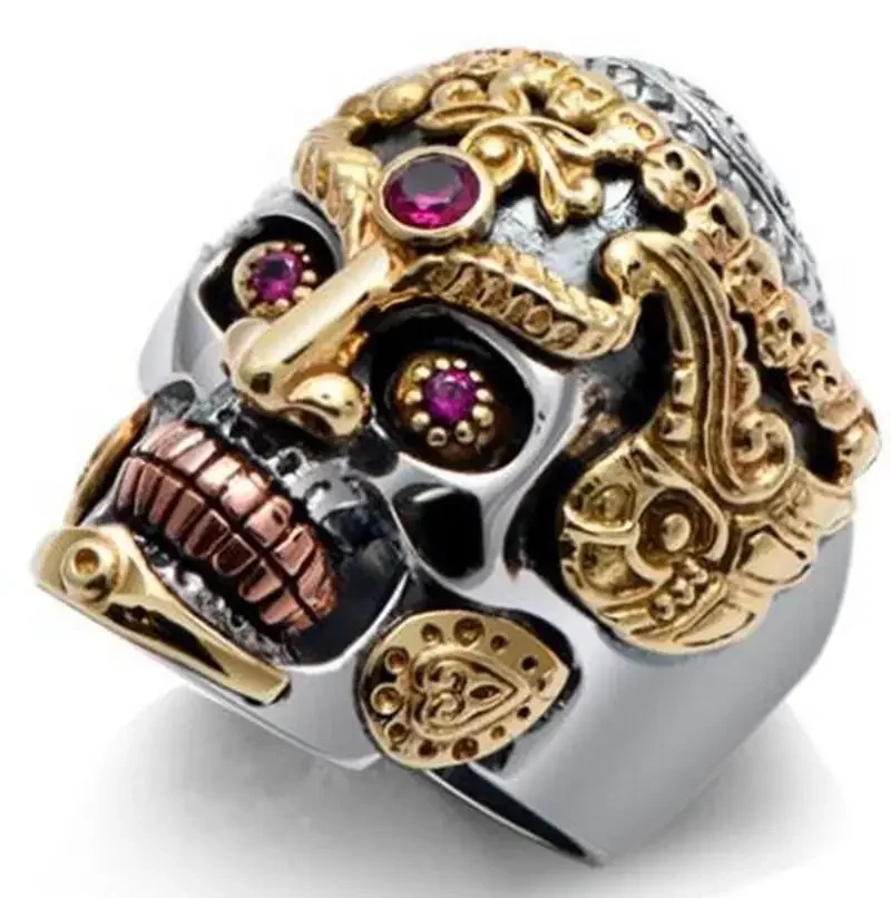 Fashion Trend Bicycle Skull Face Zircon Grimace Hip Hop Punk Party Holiday Ring for Men Jewelry