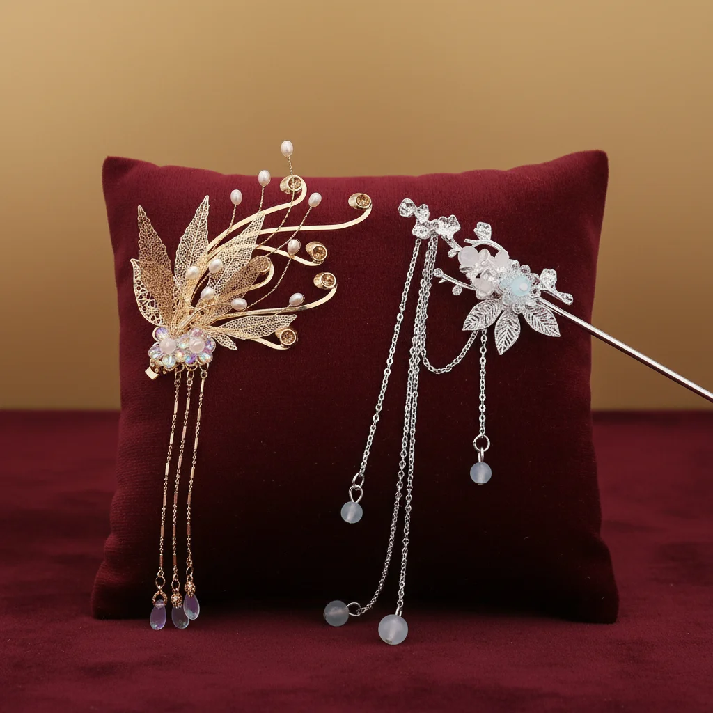 2pcs Hairpin Set Alloy Traditional Chinese Hair Accessories for Hanfu Costume Vintage Tassel Side Clip Retro Jewelry