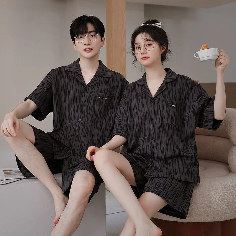 Summer Couple Pajamas Sets Korean Women Sleepwear Leisure Cotton Plus Size Short Sleeve Men Homewear Cardigan Pjs Loungewear