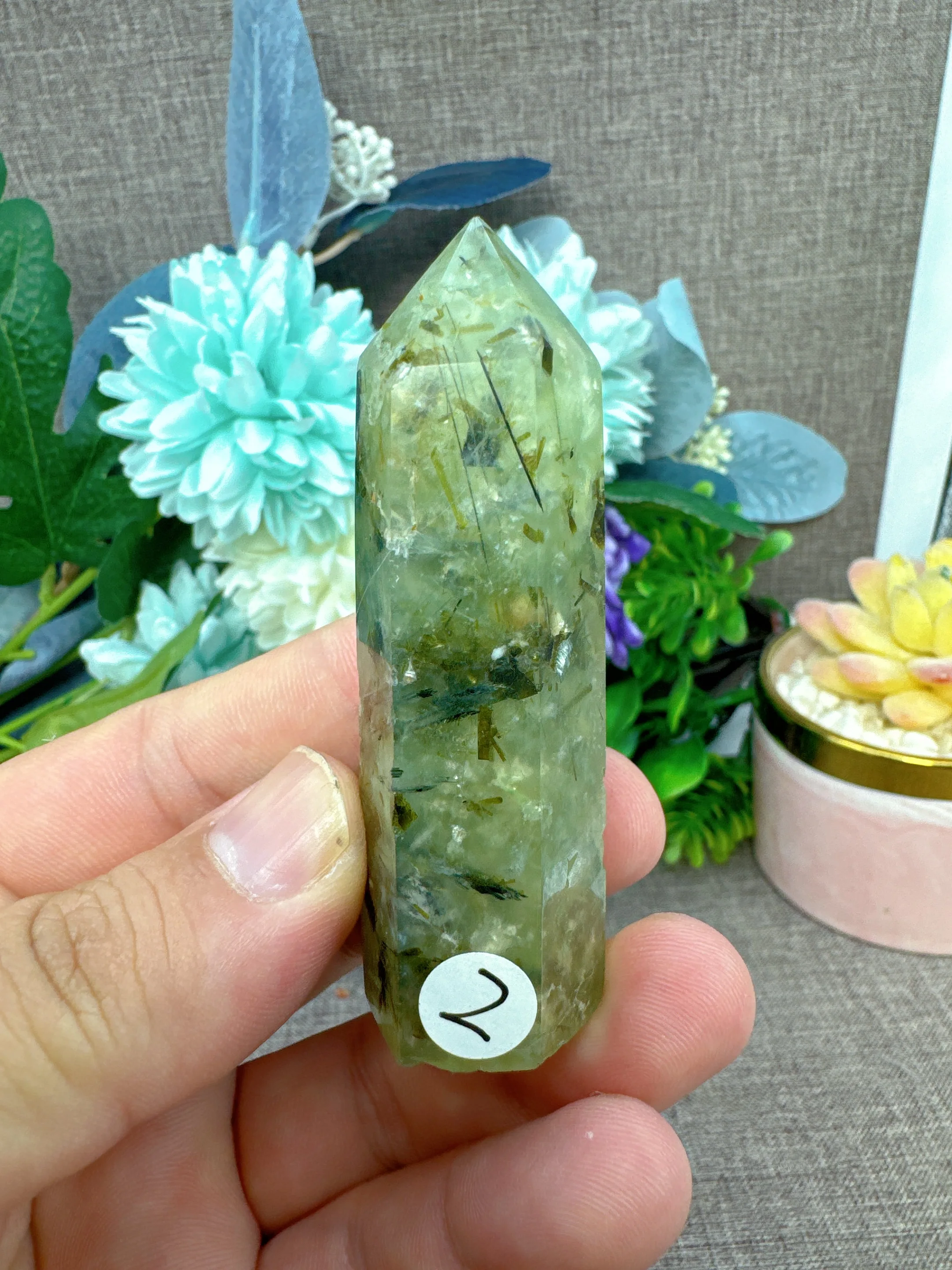 Natrual Crystal Green Grape Prehnite And Hair Tourmaline Agate Tower Mineral Specimens Polished Crafts Hexagonal Obelisk Stone