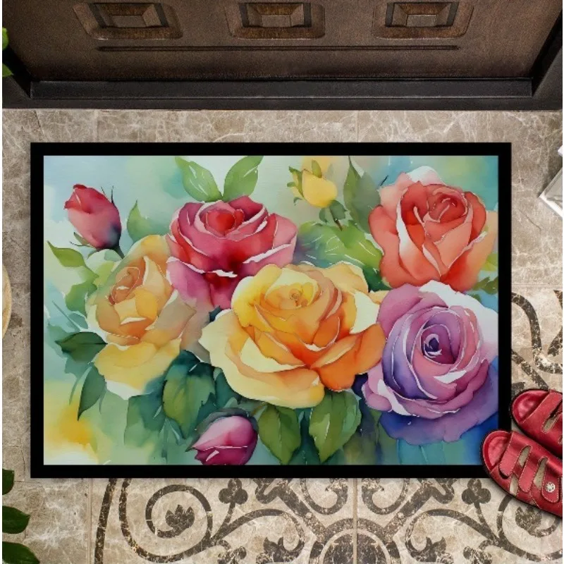

NEW Roses Watercolor Doormat | Indoor Outdoor Entryway Rug, Non-Slip Washable Low Pile