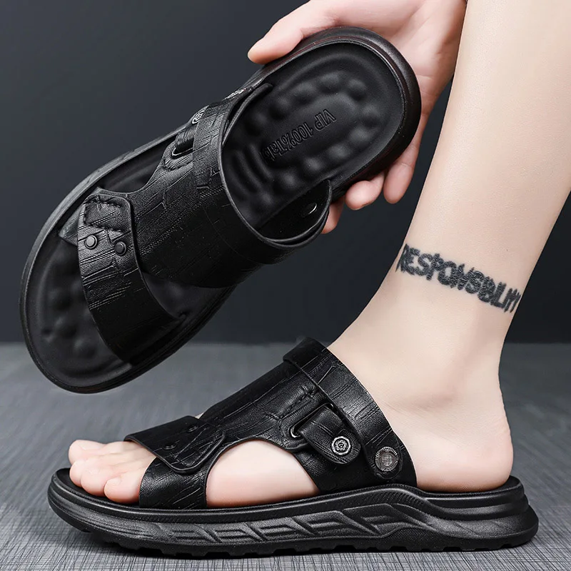 Men\'s high-quality casual sandals summer waterproof soft sole comfortable beach shoes fashion male dual-purpose driving slippers